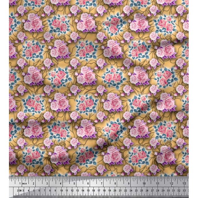 Soimoi Tissu Poly Georgette Imprimé Feuilles & Roses au Mètre 42 Pouces de Large