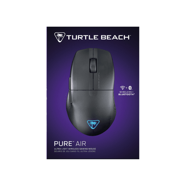 Turtle Beach Pure Air Ultra-Light Wireless Gaming Mouse front-facing on purple background with Turtle Beach logo and wireless plus Bluetooth icons, showing a matte black ergonomic design with textured side grips and illuminated palm logo, ideal for precise gaming and dual wireless connectivity.