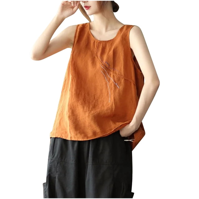 Gilet pour Femmes, Haut d'Été Décontracté Ample à Col Rond Uni en Mélange de Lin, Manche Trois-Quarts, Tissu en Polyester Léger