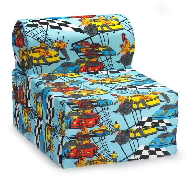ComfyKids® 2-in-1 Flip Chair in chair form with light blue polyester fabric featuring colorful race cars and pit crew graphics, designed for kids' rooms and living room seating, easily converting to a bed for naps or sleepovers.