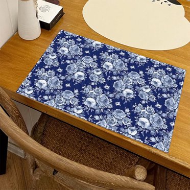 EGNMCR Ensemble d'Ustensiles de Cuisine, Motif Porcelaine Bleue et Blanche Tapis de Table à Manger Petite Fleur Fraîche Décoration Tapis Isolant Thermique Tapis de Tasse en Lin Coussin de Table à Manger