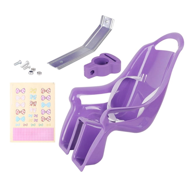 Girls Bike Doll Seat with DIY Decals Universal, a purple plastic doll seat with colourful bow decal stickers and installation hardware including screws and brackets. This bike accessory fits most bikes with rear stay holes, encouraging creative decoration and active play for children. Ideal as a birthday or holiday gift.