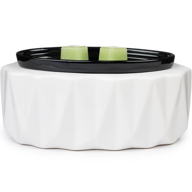 ScentSationals Hotplate Warmer Aura with a white geometric ceramic base and a glossy black removable dish holding two green wax melts, offering a safe, soot-free heat source for indoor home fragrance.