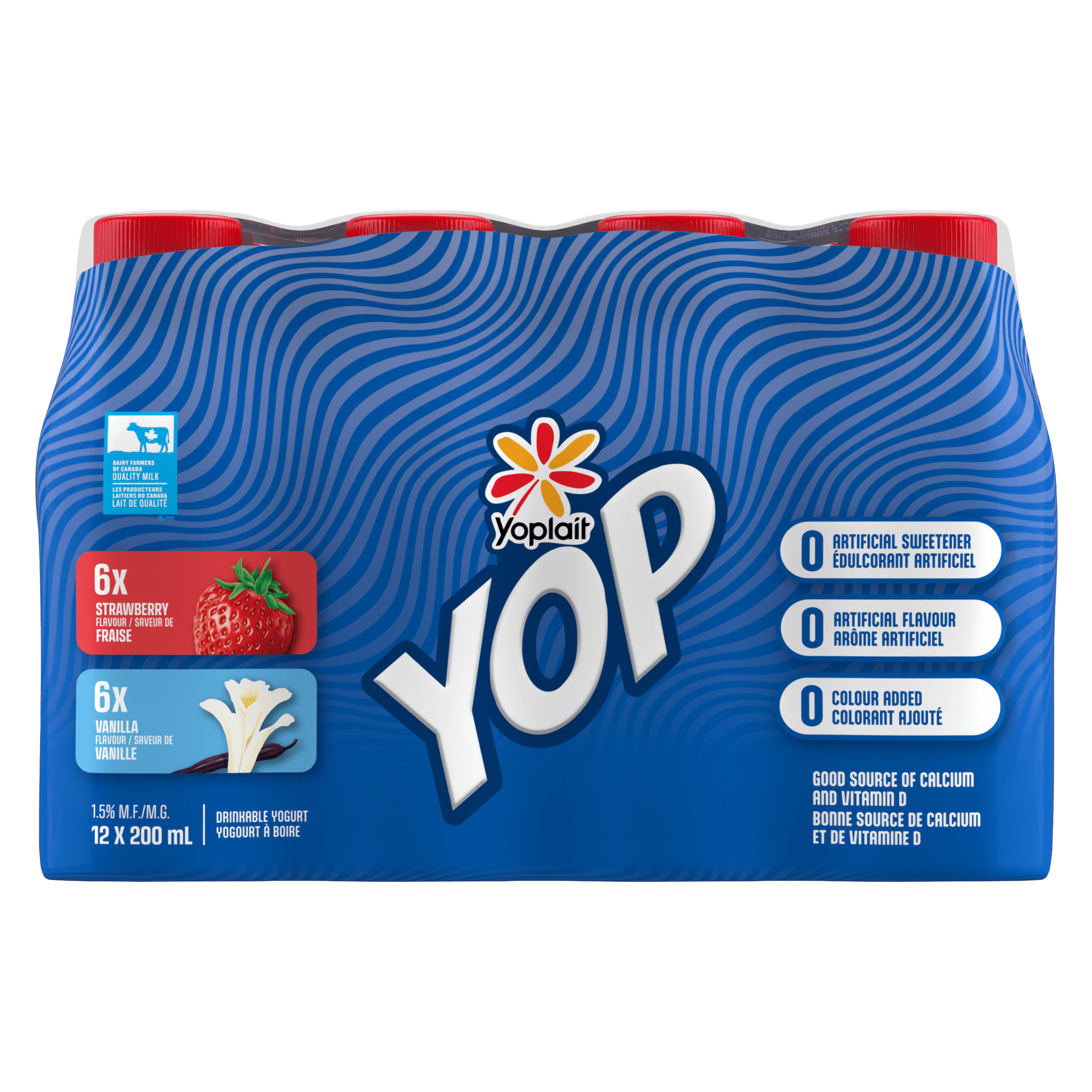 Yoplait Yop 1.5% Drinkable Yogurt, Strawberry and Vanilla, Yogurt Drinks, Kids Snack, 12x200ml