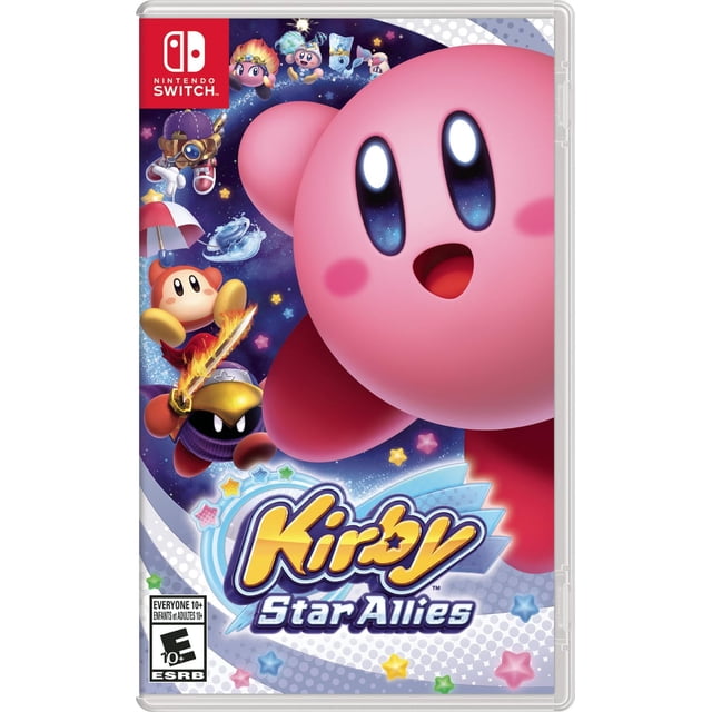Kirby Star Allies (Nintendo Switch) Couverture de Jeu Mettant en Vedette un Grand Kirby Rose à l'Expression Joyeuse, Entouré de Personnages Plus Petits Incluant un Porteur d'Épée de Feu et un Utilisateur de parasol, sur un Fond Cosmique Étoilé avec des Étoiles Colorées, Soulignant Son Aventure Multijoueur et le format de Jeu Nintendo DS.