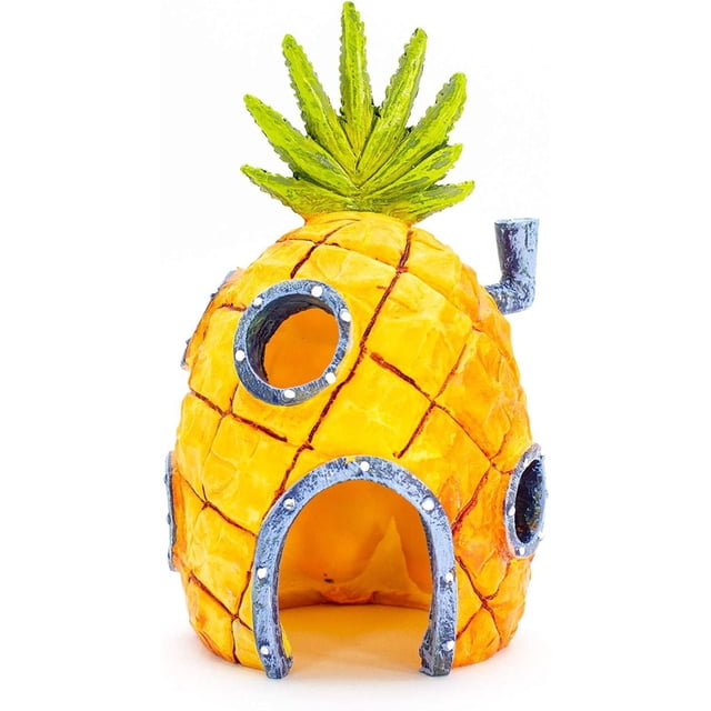 Penn Plax Spongebob Pineapple Home Resin Ornament is a 6-inch tall yellow pineapple aquarium decoration with green leaves, circular and arched openings framed in gray resin, safe for freshwater and saltwater tanks, ideal for adding color and shelter for small fish.