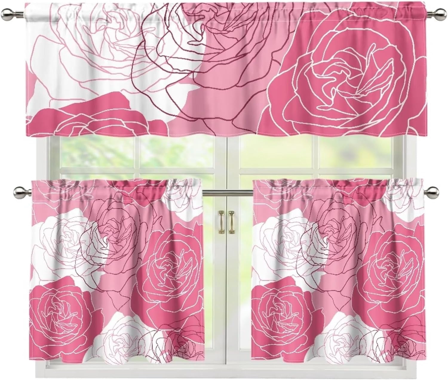 3PCS Valentine''s Day Kitchen Window Curtain Set with 36" Length Tiers and Valance Rod Pocket Cafe Curtains Pink Rose Window Curtains Treatment, Home Collection