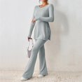 thumbnail image 2 of Women's Two Piece Knit Tracksuit - Crew Neck Tee & Wide Pants, Polyester Spandex, Slit Hem, Casual Matching Set, 2 of 4