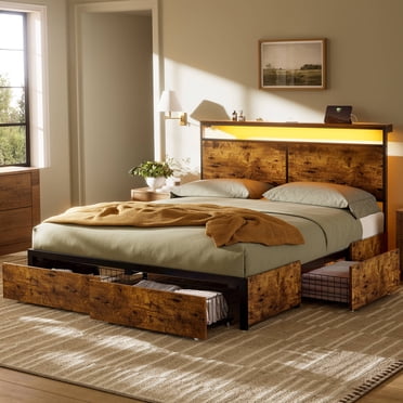 GUNAITO Queen Size Bed Frame with Headboard Storage Bed frame with 4 Drawers LED Platform Bed Frame with Charging Station Brown
