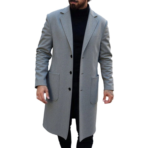 LMKIHUSA Winter Trench Coat for Men Single Breasted Notch Lapel Pea Coat Wool Blend Medium Length Overcoat Classic Business Casual Top Coat Gray,XL