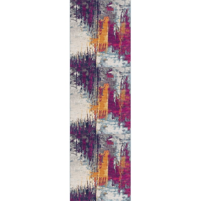 SAVANNAH MULTI 2X15 runner rug with a mid-century modern abstract design in purple, orange, grey, and blue tones, made of durable polypropylene with jute backing, ideal for high-traffic indoor areas like hallways and entryways, and suitable for adding warmth and style to corridors.