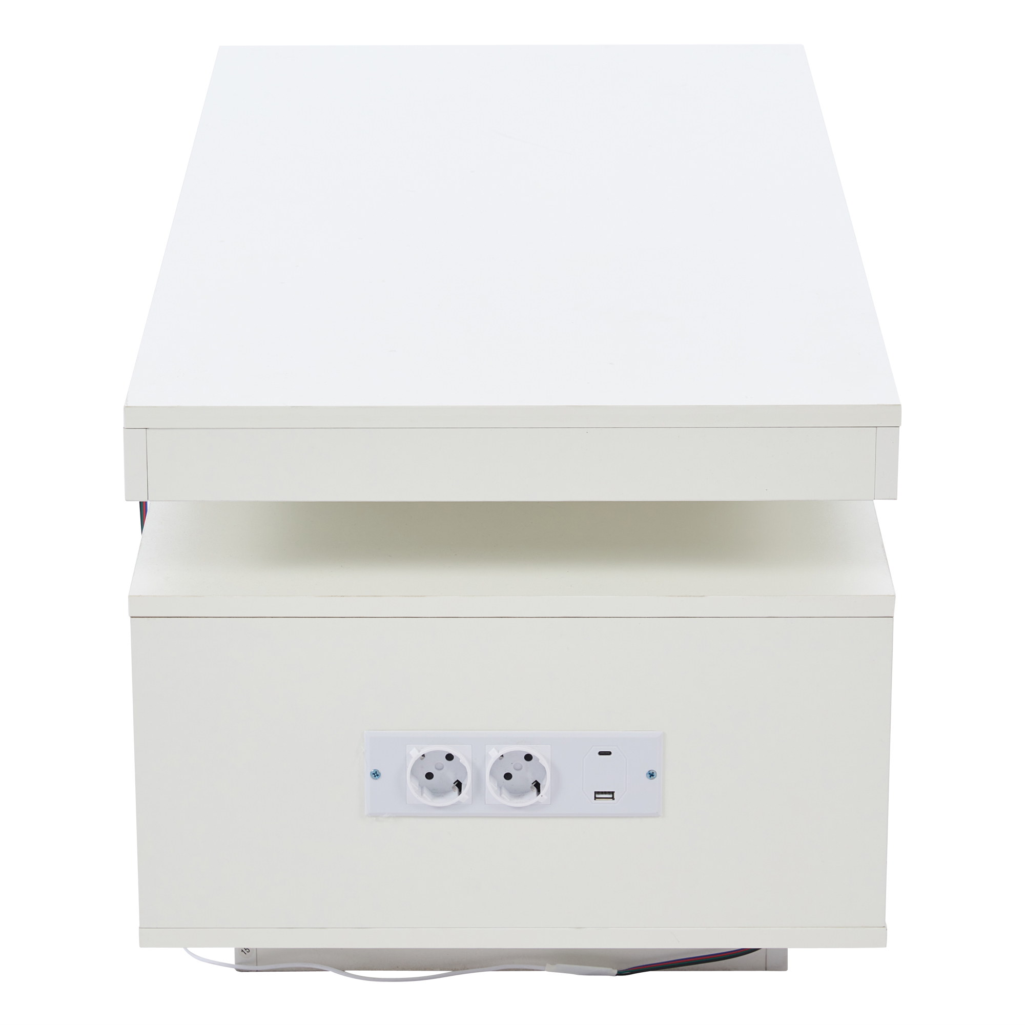 Noble House Table basse haute brillance avec lumières LED, Ports et prises USB, Centre 2 portes et Table d’appoint canapé, blanc