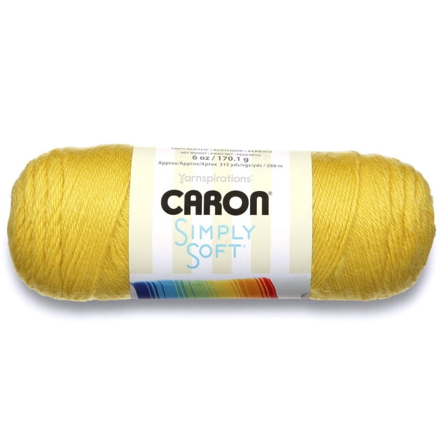 Caron Simply Soft Fil en Acrylique Jaune, Poids Moyen #4 worsted, Écheveau de 6oz (170g) avec 315 yards (288m), Présentant une Étiquette avec des Informations sur la Marque et le Produit, Lavable à la machine et Séchable, Idéal pour des Projets de Tricot et de crochet avec une texture Douce et une Brillance.