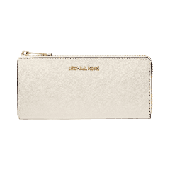 Michael Kors Portefeuille à Quart de Glissière en Cuir Saffiano Grand Format de Voyage Jet Ensemble – Crème, Portefeuille Mince de Designer pour Femmes