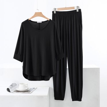 Lyrcatrment Ensembles de Pyjama pour Femmes 2 Pcs Ensembles de Détente Pyjamas à Manches 3/4 Hauts et Joggers Ensemble de Pjs à Col en V Tenue de Détente Douce avec Poches