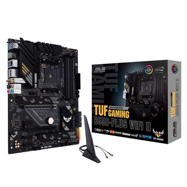 ASUS TUF GAMING B550-PLUS WIFI II AM4 AMD B550 SATA 6Gb/s ATX AMD Motherboard front-facing ATX board with AM4 CPU socket, PCIe 4.0-ready full-length slots, two M.2 NVMe slots, fanless VRM heatsink, rear I/O showing WiFi antenna connectors, 2.5Gb LAN and USB-C; suitable for gaming desktop builds and test-bench validation.