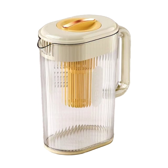 Wzzjkit Glass Pitcher, a clear water pitcher with a yellow lid and built-in filtration system, shatterproof and drop-resistant. The ribbed glass body and ergonomic handle provide durability and comfort. Large capacity makes it ideal for iced tea, sangrias, lemonade, milk, and other beverages. Suitable for fridge storage and gatherings.