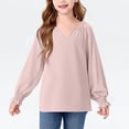 thumbnail image 2 of MeetoTime Girls Solid Color Loose Puff Sleeve Long Sleeve V-neck Top Spring Fall Kids Shirt 6-16 Years, 2 of 7
