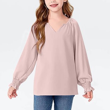 AherBiu Vêtements pour Filles Enfants Chandails à Manches Longues Col en V Manches à Volants T-Shirt Ample Hauts pour Enfant Couleur Unie Mode Confortable Décontracté Chandail Taille 6-16 Ans