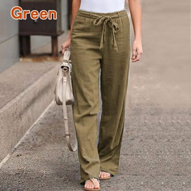 CHUANK Women Casual Cotton Linen Pants Fashion Solid Color Elastic Waist Loose Straight Pants Female Ankle-length Trousers Summer Pants