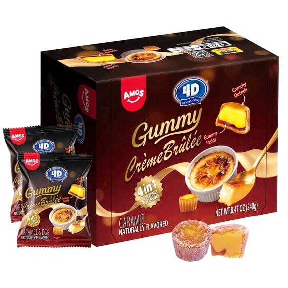 Amos 4D Gummy Candy Caramel Candy, Crunchy Outside & Gummy Inside, Crème Brûlée Natural Flavour (1 Pack)
