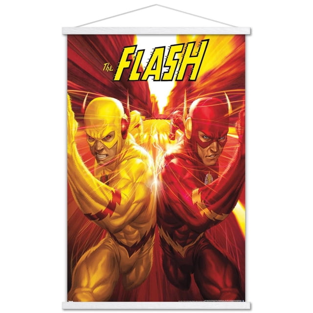 DC Comics - The Flash and The Reverse Flash - Affiche Murale de Course, 22,375 Po x 34 Po, Représente The Flash en Rouge et le Flash Inversé en Jaune, Course Côte à Côte avec des Effets de Foudre Vifs et un Arrière-Plan de Ville Flou, Imprimée sur Papier d'Affiche Lustré avec Barres Suspendues Blanches, Convient à la Décoration Murale de Chambre Ou de Bureau.