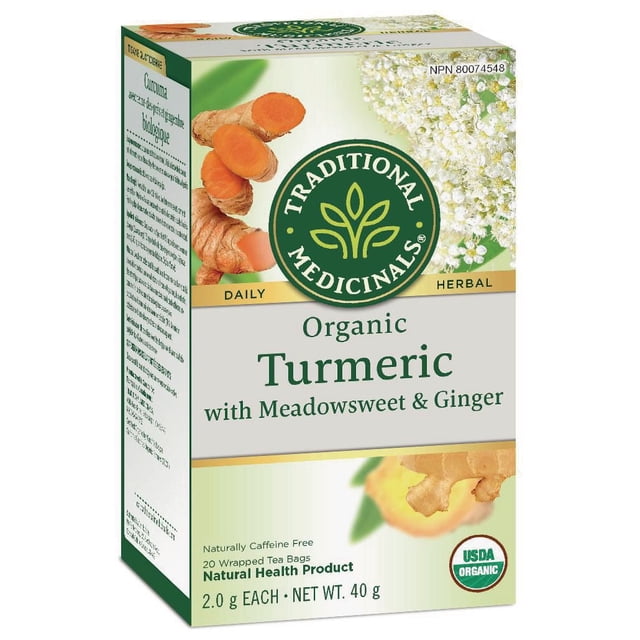 Traditional Medicinals Boîte de Tisane Biologique au Curcuma avec Reine des Prés et Gingembre Mettant en Vedette des Tranches de Racine de Curcuma, des Fleurs de Reine des Prés et de Racine de Gingembre, Contenant 20 Sachets de Thé Emballés, Naturellement Sans Caféine, Certifié Biologique USDA, Poids net 40 g, Idéal pour le Soutien Digestif et le Soulagement de l'Inflammation.
