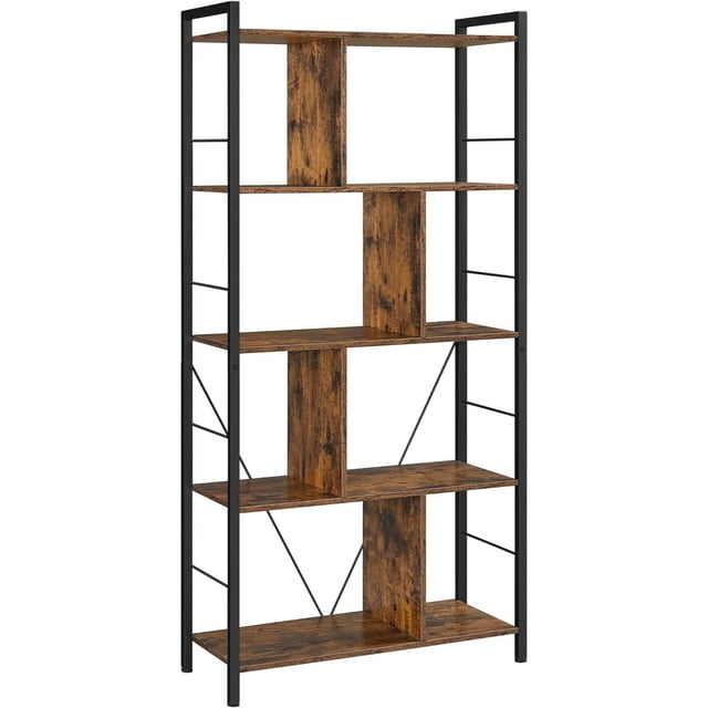 Boutique Home 5 Tiers Bookshelf with Open Compartments in Rustic Industrial Look, featuring a black steel frame and rustic brown particleboard shelves with vertical dividers, side bars to prevent items falling, and adjustable feet for balance, ideal for organizing books, decorations, or files in office or living spaces.