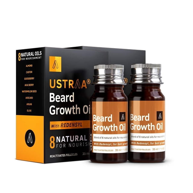 Ustraa Huile de Croissance pour la Barbe, 35 ml Chacune (Lot de 2), Comprenant Deux Bouteilles de Couleur Ambre avec Capuchons Argentés et une Boîte Noire et orange. Formulée avec Redensyl, 8 Huiles Naturelles Dont l'Argan, l'Amande et l'Avocat, et de la Vitamine E pour la Croissance de la Barbe, la Nutrition et la Force. Sans Sulfates Ni Parabènes.