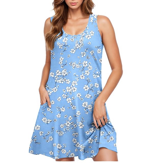 Ovzne Robes Grande Taille pour Femmes aux Formes Robe Femme Robe Décontractée pour Femme Dégradé Sans Manches Col Ras du Cou Robe Imprimée Robe de Printemps Imprimée Liquidation