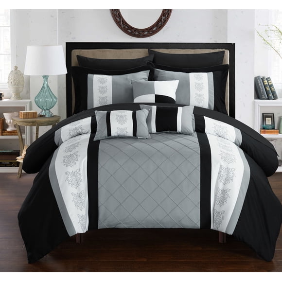 Chic Home Clayton 10 Couette à Plis Pincés, Patchwork, Broderie en Blocs, Ensemble Tout-en-un avec Ensemble de Draps Bleu, Très Grand, Brun