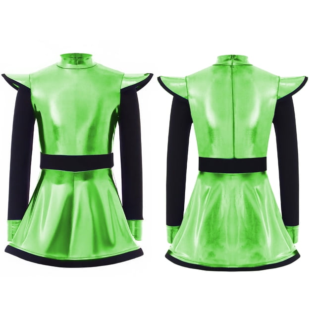Moggemol Robe à Manches Longues Zippée avec Short Intégré, Patchwork Métallisé Brillant, Vêtements d'Extraterrestre pour Filles, Vert Fluorescent 14