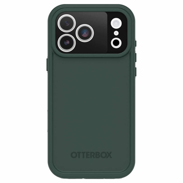 OtterBox Fre MagSafe Case Submerge for iPhone 17 Pro Max in dark green with a matte finish, raised edges around the triple camera cutout, built-in magnets for MagSafe compatibility, waterproof up to 2 meters for 1 hour, and military-grade drop protection.