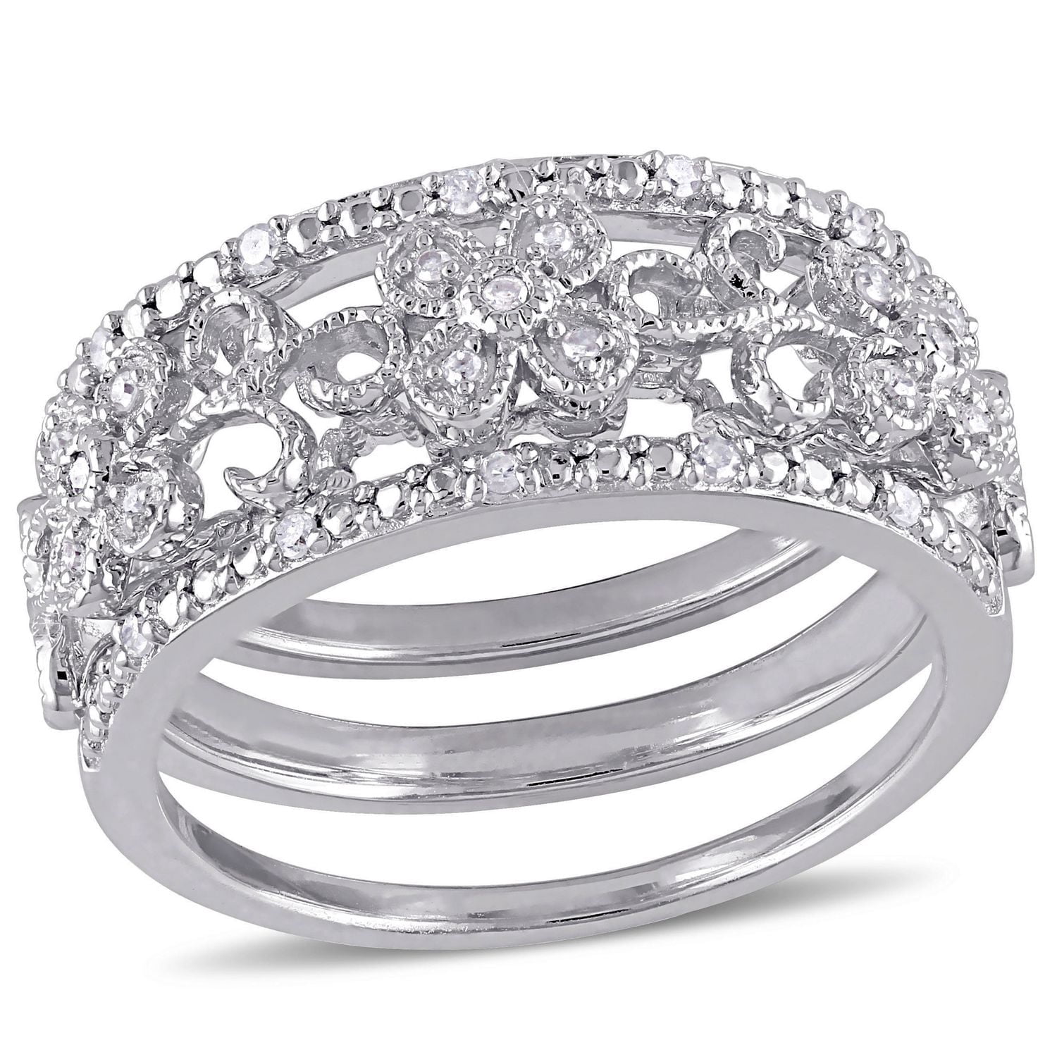 Ensemble de bagues florales rétro 3-mcx Miabella avec diamants 1/10 CT poids total en argent sterling