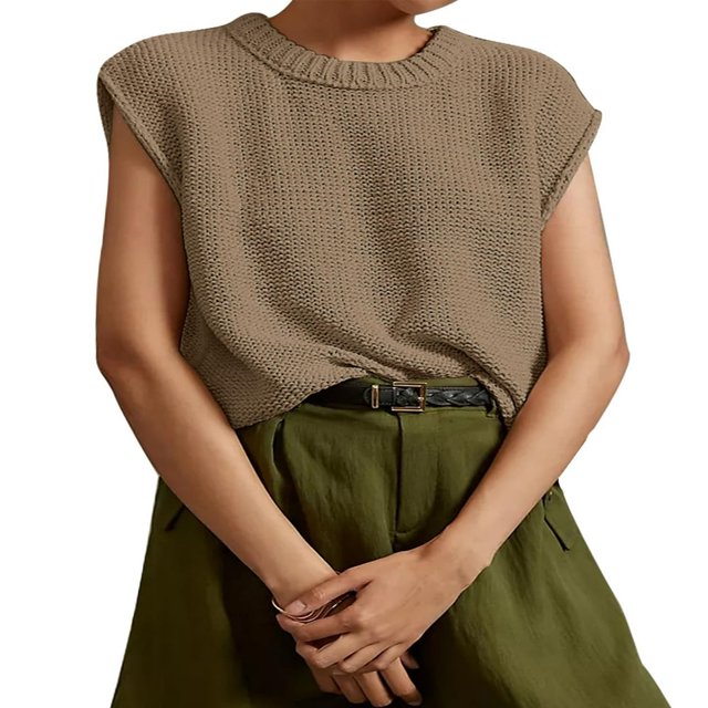 Gilets Pulls Unis pour Femmes Col Rond Manches Courtes Amples