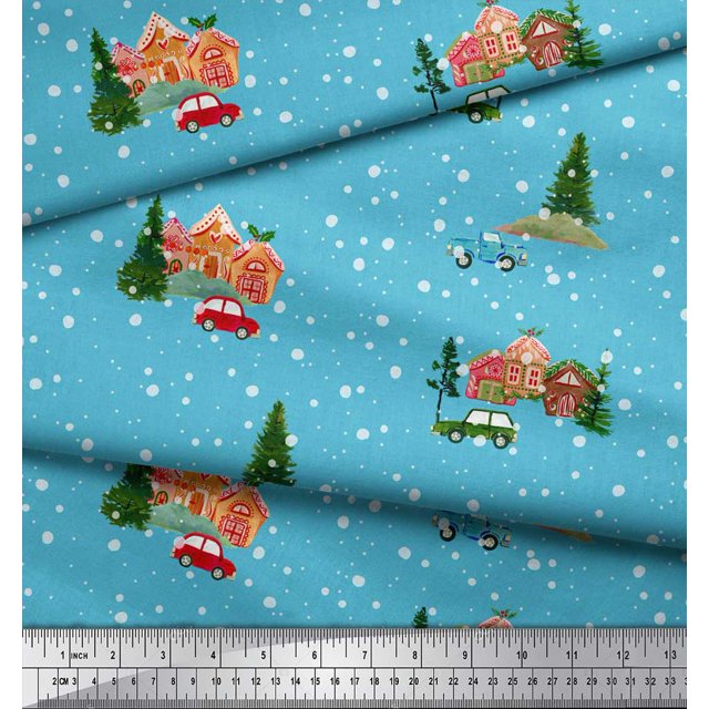 Soimoi Georgette Viscose Fabric House,Tree & Car Transport Print Sewing Fabric Yard 42 Inch Wide