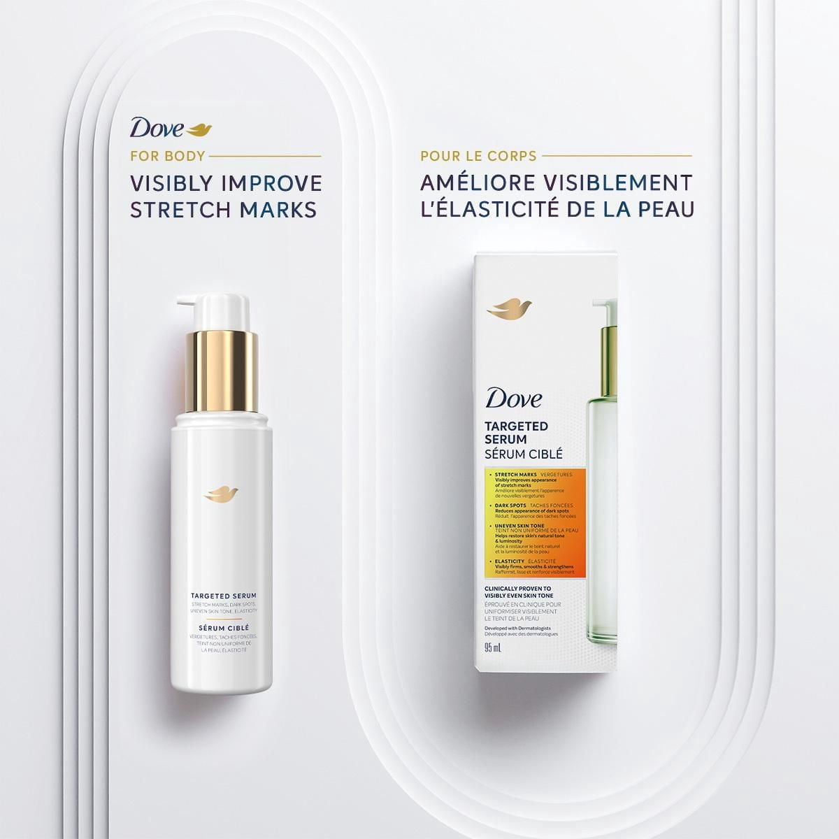Dove Targeted Serum Multipurpose for Stretch Marks, Dark Spots, Uneven Skin with Tone Balance Complex, Niacinamide, Collagen Peptides and Natural Moisturizing Factors, 95mL