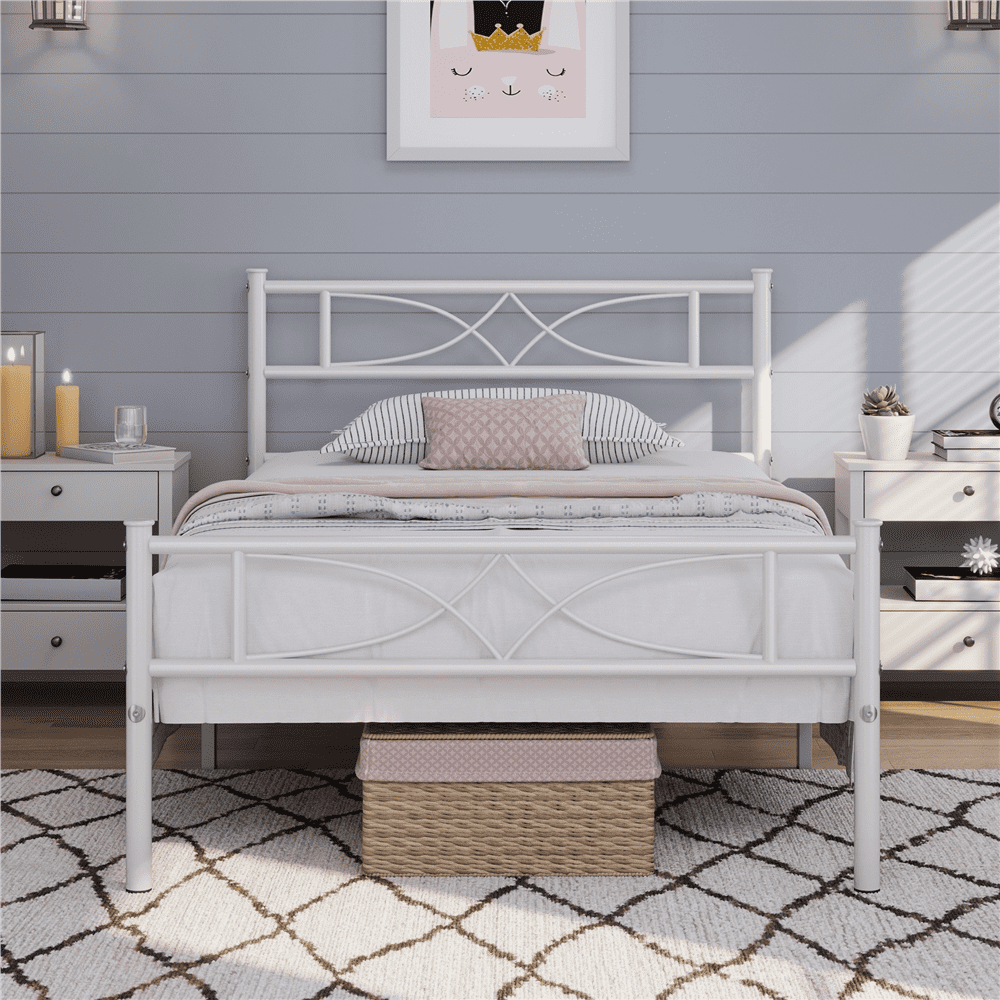 Fullfurnique Simple Metal Platform Bed with Curved Design for Adult, Twin, White