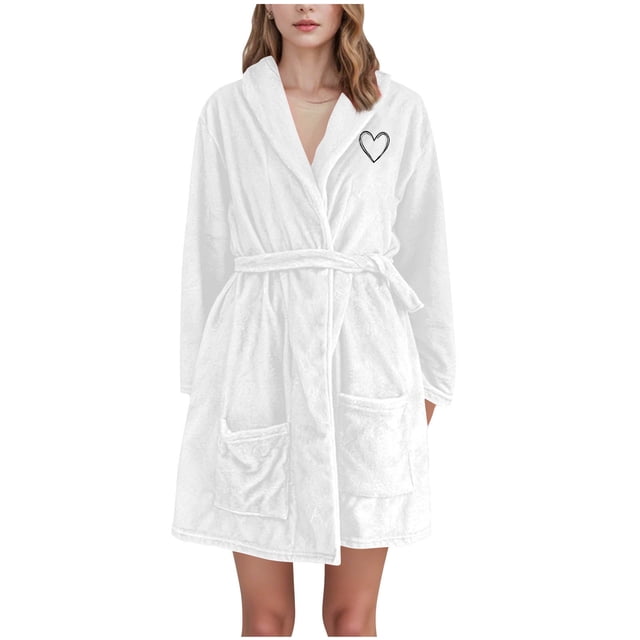 Womens Terry Cloth Robes Long Sleeve Plush Flannel Bathrobe Fuzzy Fleece Soft Hooded Spa Robe with Belt White, XL