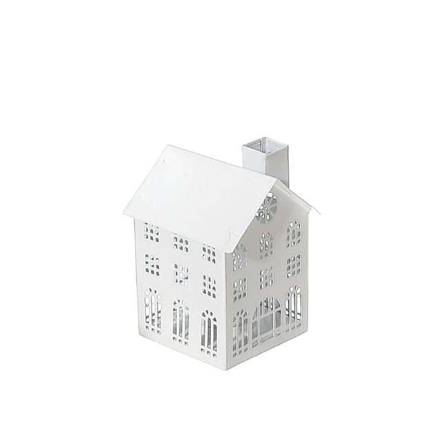 Porte-bougie Chauffe-Plat en Métal Blanc (Petit) - Ensemble de 2, Petit Porte-Bougie en Fer Blanc en Forme de Maison avec Fenêtres Découpées Détaillées et Cheminée, Mesurant 3,75 par 3,25 par 5 Pouces, Idéal pour l'Éclairage d'Ambiance Ou comme Centre de Table Décoratif dans la Déco Moderne de la Maison.