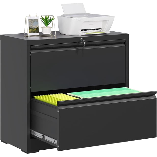 2 Drawer Lateral File Cabinet with Lock in black, featuring a durable metal construction with a powder-coated finish for rust resistance. The cabinet includes two spacious drawers with adjustable rails for A4, letter, and legal-size file folders. The top surface functions as a printer stand, with a printer and decorative items displayed. One drawer is open, showcasing neatly organized file folders. Designed with an anti-tip safety system and silent ball-bearing slides for smooth operation. Assembly required.