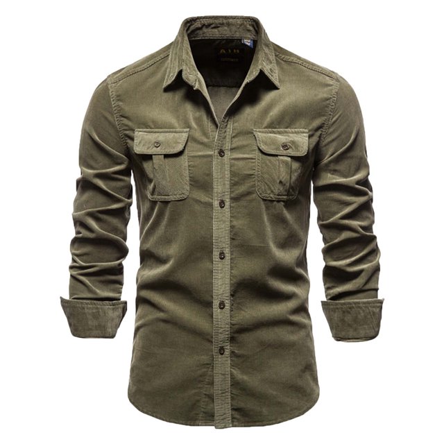 Mikilon Chemise Blouse Décontractée pour Homme en Velours Côtelé de Coton à Manches Longues, Coupe Ajustée, Col Rabattu