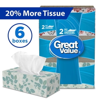 Great Value, Facial Tissues, 6 Flat Boxes, 126 Tissues per Box