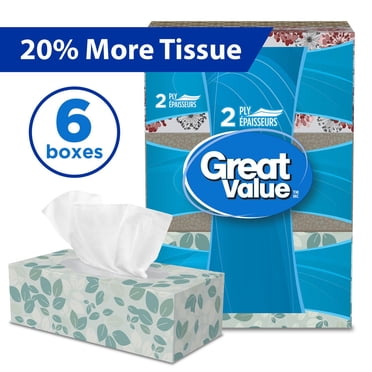 Great Value, Facial Tissues, 6 Flat Boxes, 126 Tissues per Box