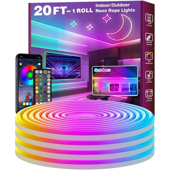 Guirlandes Néon Flexibles RVB de 20 Pi, Application et Télécommande, Synchronisation Musicale, Modes Multiples, Bandes Néon DEL, Éclairage Décoratif Étanche pour Chambre, Salle de Jeux, Fête sur Patio Intérieur et Extérieur