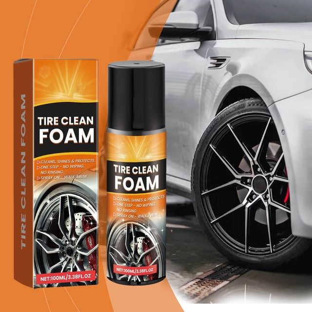 TIMIFIS Wheel Cleaner Car Tire Steel Rim Cleaner Powerful Wheel Rim Stain Removal Sludge Maintenance Agent 100ml. A 100ml bottle labeled 'Tire Clean Foam' and its packaging are shown, designed for automotive cleaning and maintenance. The foaming action lifts dirt from car tires and steel rims without wiping or rinsing, leaving a uniform, lustrous finish. Positioned next to a clean car tire and rim, ideal for automotive maintenance supplies.