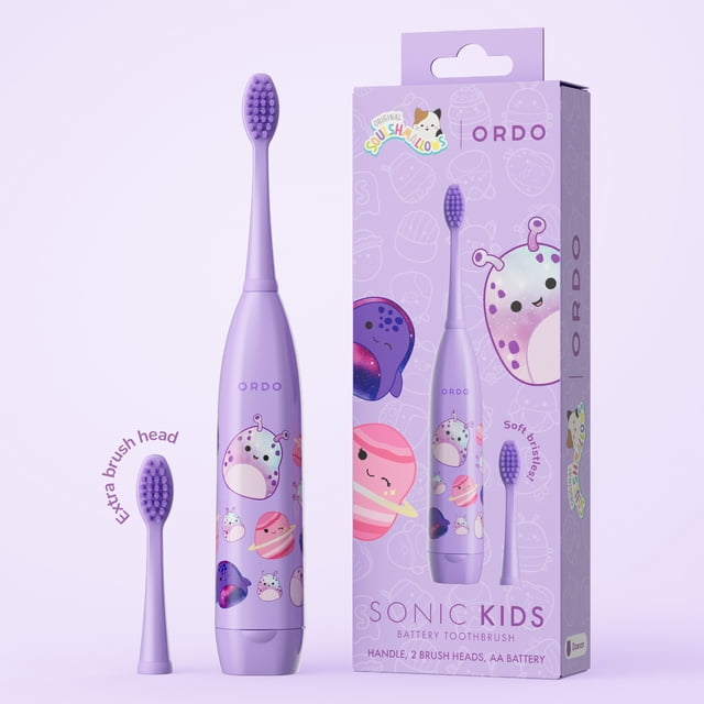 Ordo Sonic Kids Battery Toothbrush - Squishmallows Daxxon - Purple front-facing child-sized battery toothbrush with purple ergonomic handle and printed Squishmallows Daxxon character, compact replaceable brush head with soft bristles, 18,000 pulses/min sonic technology, suitable for ages 4+; often used as a travel-friendly kids' brush.