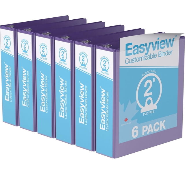 Davis Group Easyview Premium Round Ring Customizable View Binder 6 Pack 2 inch with purple covers and clear overlay pockets on front, spine, and back for customization, made from durable PVC free polypropylene with back-mounted rings that allow pages to lie flat, suitable for organizing presentations, manuals, and reports, made in Canada.