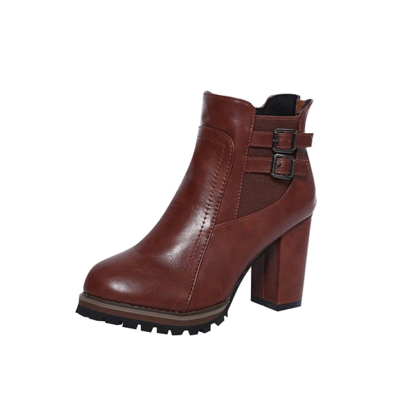 jovati Womens Winter Vintage Thick Heel Belt Buckle Side Zipper Low Tube High Heel Ankle Boots