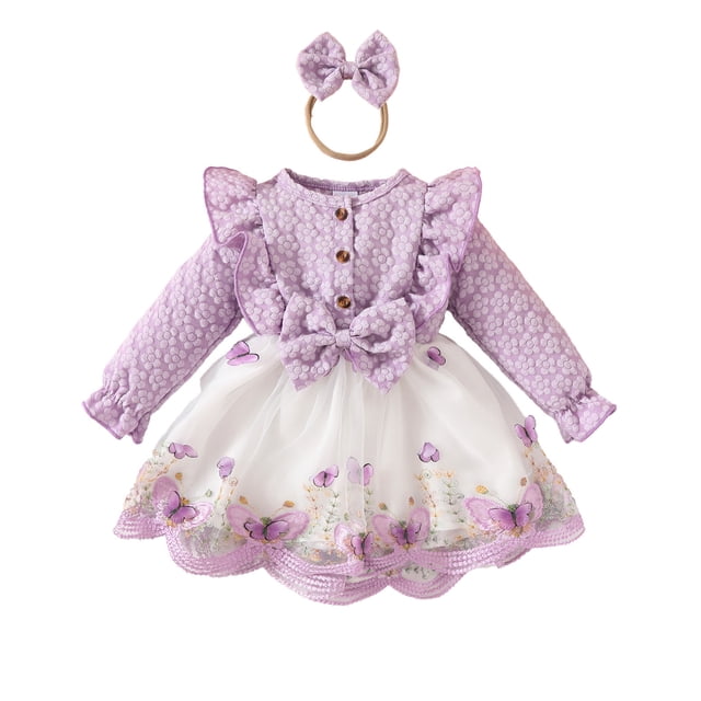 Robes pour Bébé Fille à Volants Manches Longues Robe en Tulle pour Bébé Robes d'Été pour Filles Mode Robes Décontractées Tenues pour Bébé Fille 9-12 Mois